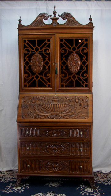 Elaborate Walnut Drop Front Secretary Bookcase