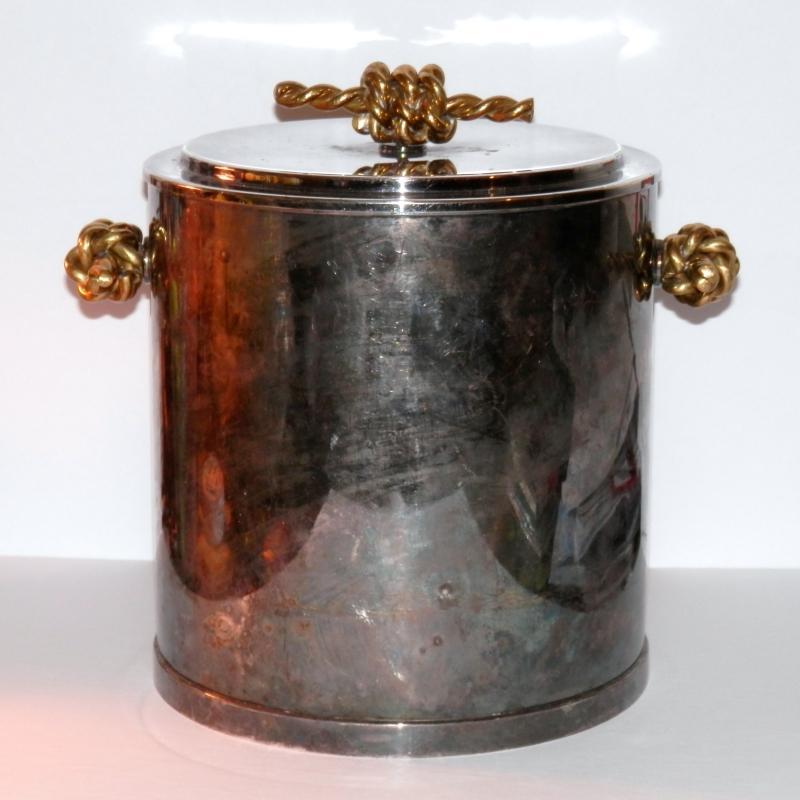 Mid Century Modern Chrome and Brass Ice Bucket by Sopphil Woolff. 8 1/2 inches high.