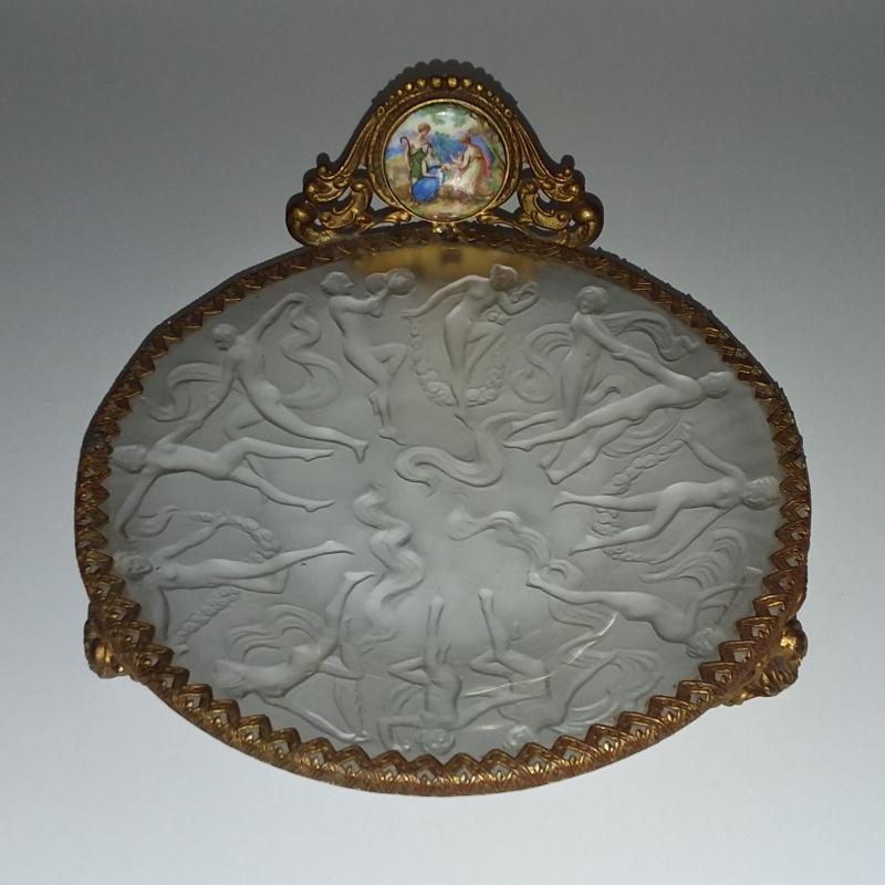Phoenix/Consolidated Art Deco Glass Dish. Dancing Nymphs/Nudes. Ormolu w/ Porcelain Medallion.