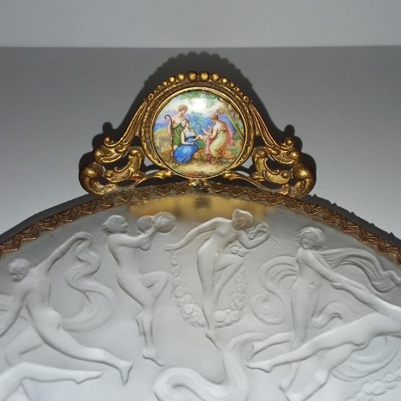 Phoenix/Consolidated Art Deco Glass Dish. Dancing Nymphs/Nudes. Ormolu w/ Porcelain Medallion.