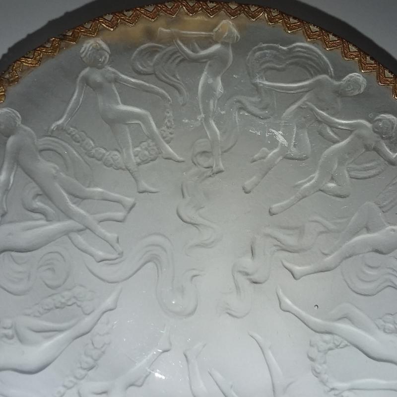 Phoenix/Consolidated Art Deco Glass Dish. Dancing Nymphs/Nudes. Ormolu w/ Porcelain Medallion.