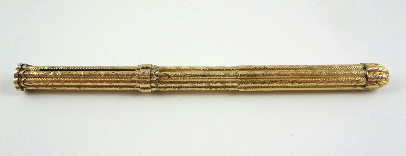 Mabie Todd 14k Gold combination dip pen & retractable pencil. Patent Oct. 3rd, 1854.