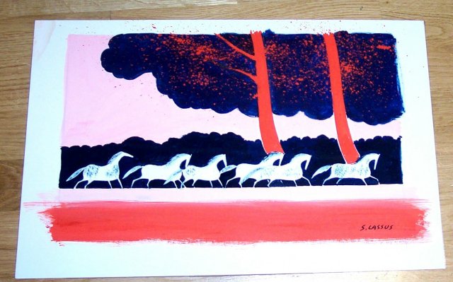 Gouache on board of Horses signed by Serge