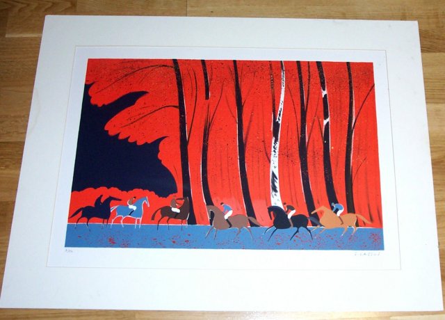 Horses with riders in the woods #9 signed by
