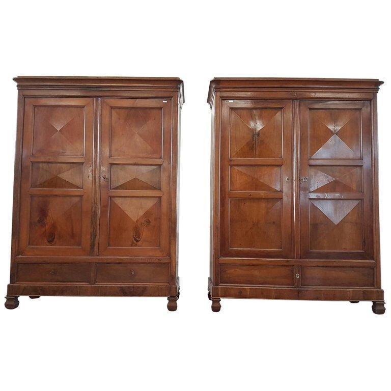19th Century Italian Charles X Walnut Pair of Wardrobes