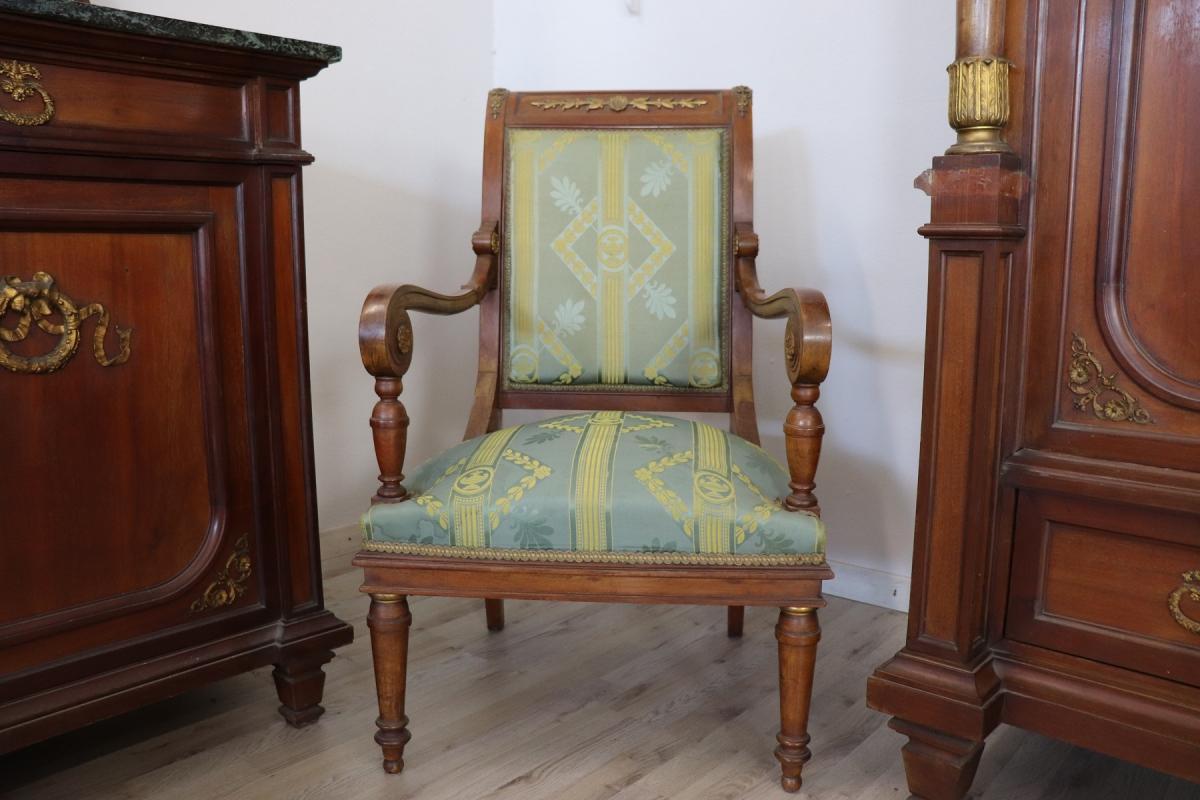 19th Century Italian Empire Mahogany Golden Bronzes Green Marbles Bedroom Set
