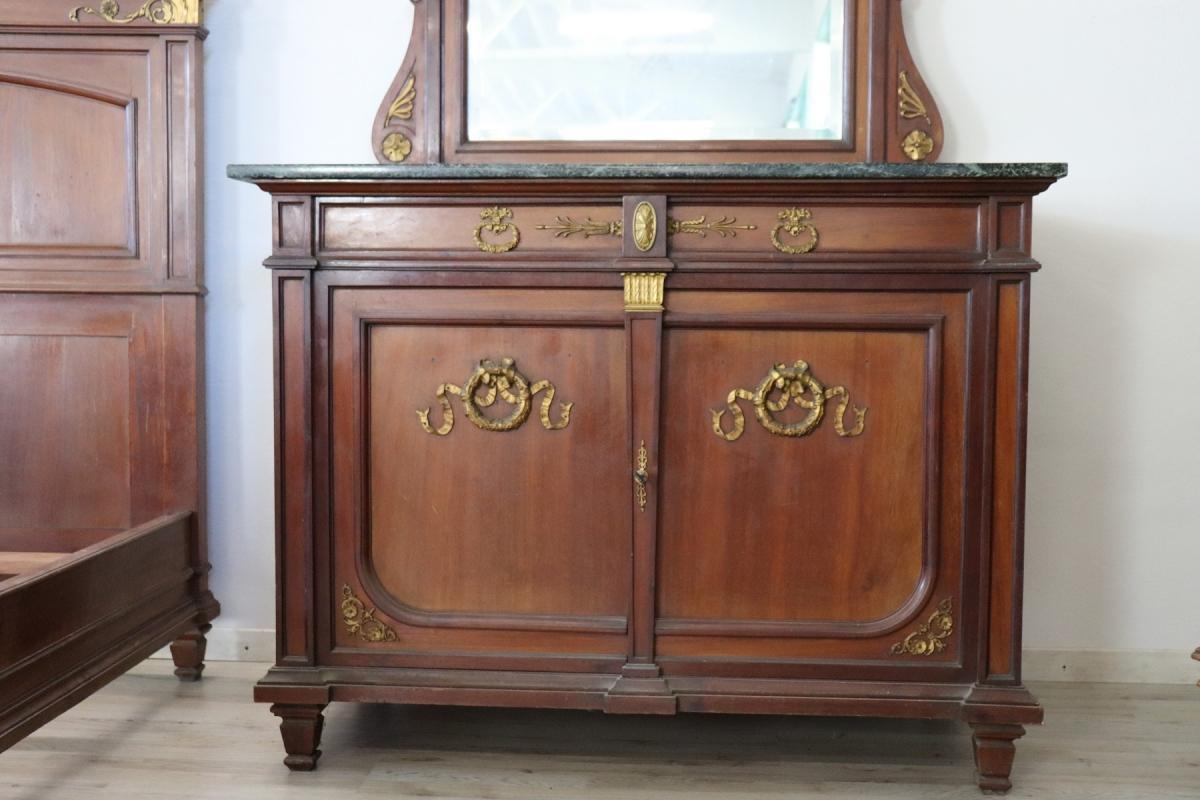19th Century Italian Empire Mahogany Golden Bronzes Green Marbles Bedroom Set