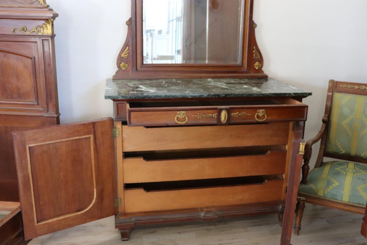 19th Century Italian Empire Mahogany Golden Bronzes Green Marbles Bedroom Set