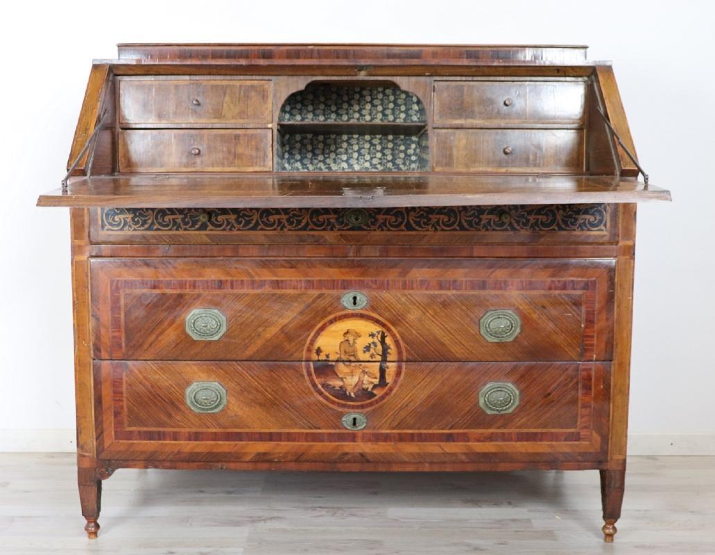 18th Century Italian Louis XVI Inlay Wood Chest of Drawers with Secretaire