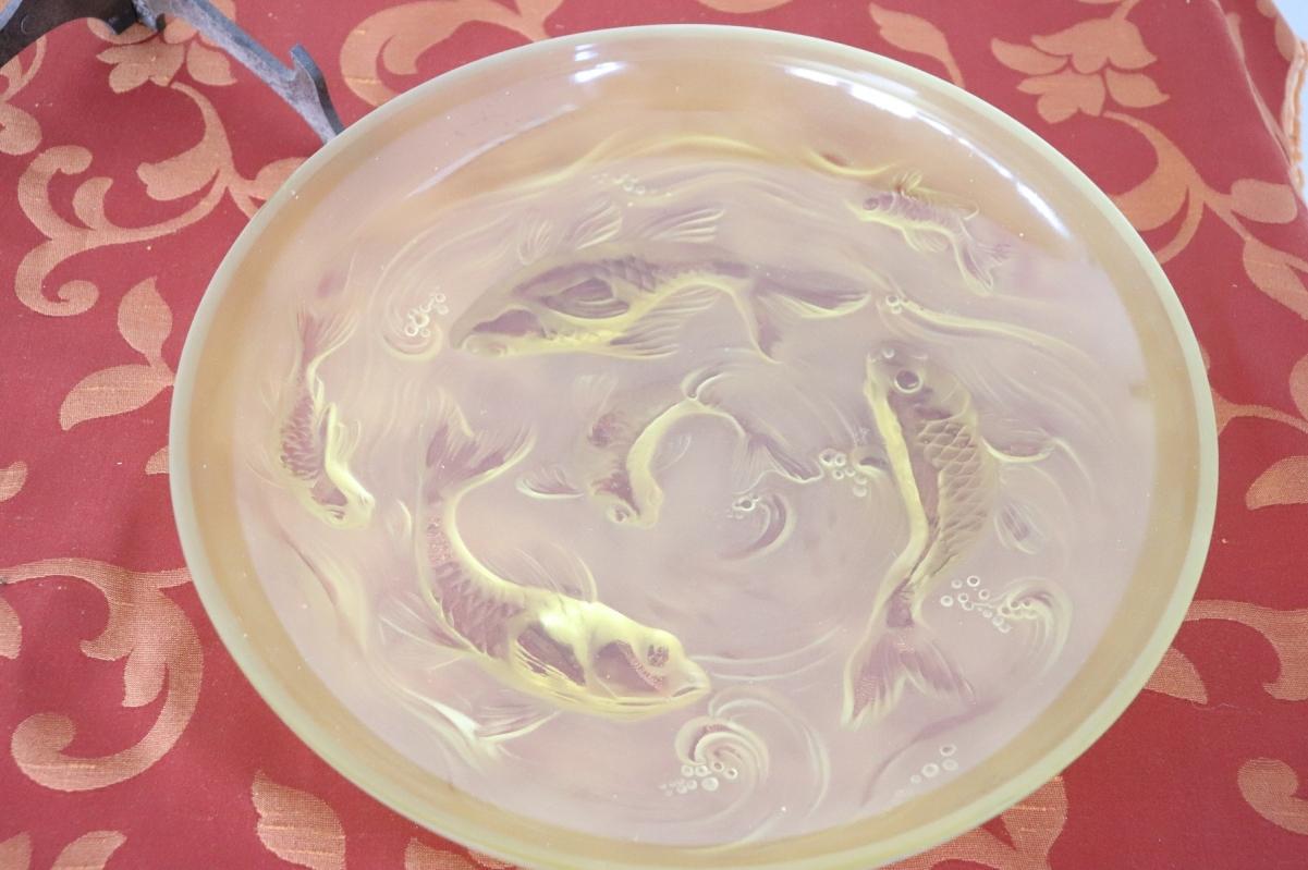 20th Century Art Deco Verlys Glass French Plate in Amber Colored with Fishes