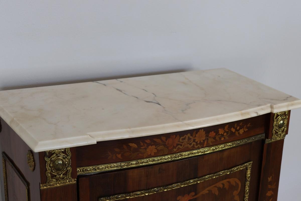 19th Century French Napoleon III Rosewood Inlay Wood Cabinet with Marble Top