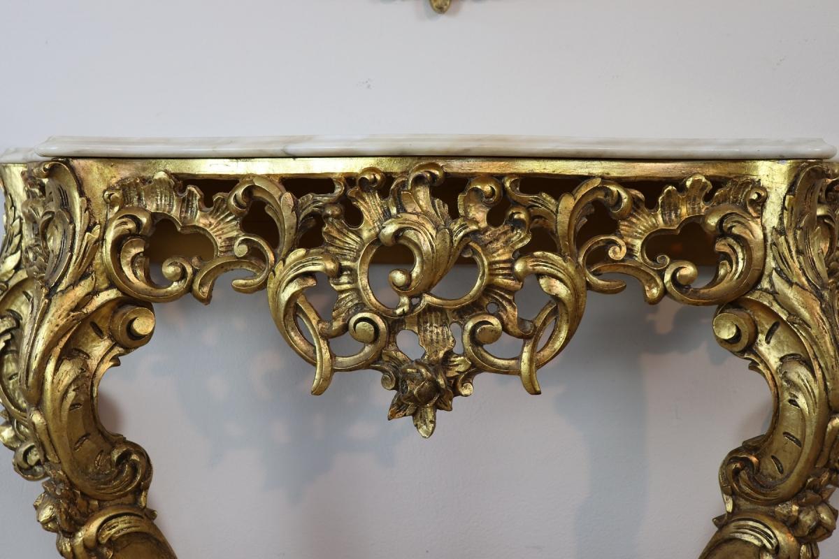 20th Century Italian Baroque Style Carved Gilded Wood Console Table with Mirror