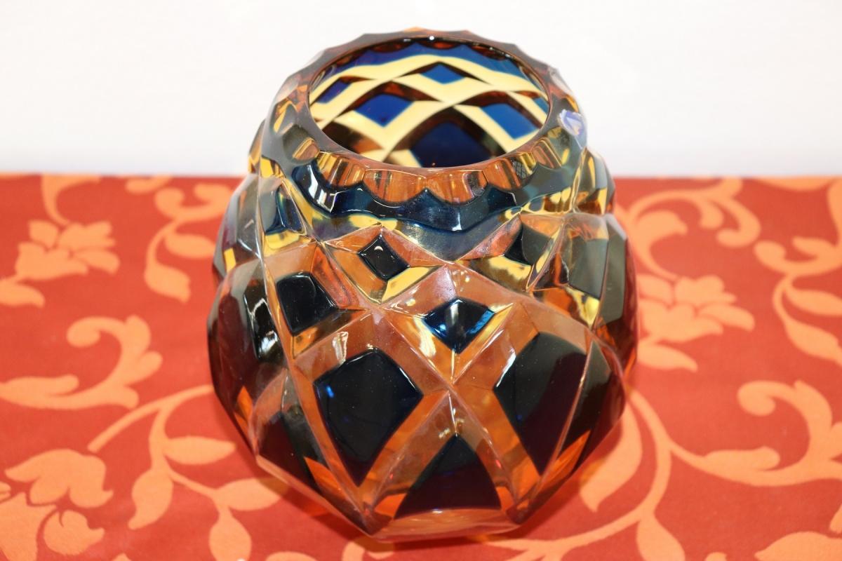 20th Century Crystal Vase in Blue and Amber Color by Agarthi