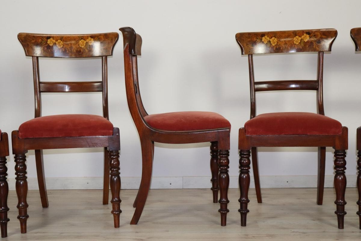 19th Century Italian Mahogany Inlay with Floral Motif Set of Six Chairs