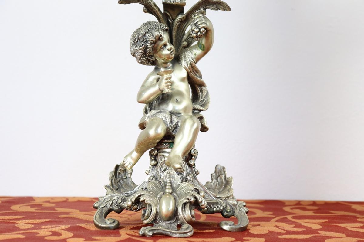20th Century Italian Baroque Style 800 Silver Pair of Candelabras with Cherubs