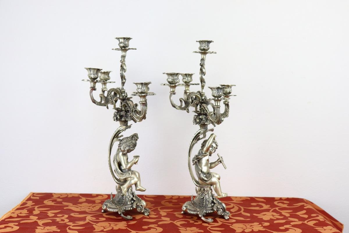 20th Century Italian Baroque Style 800 Silver Pair of Candelabras with Cherubs