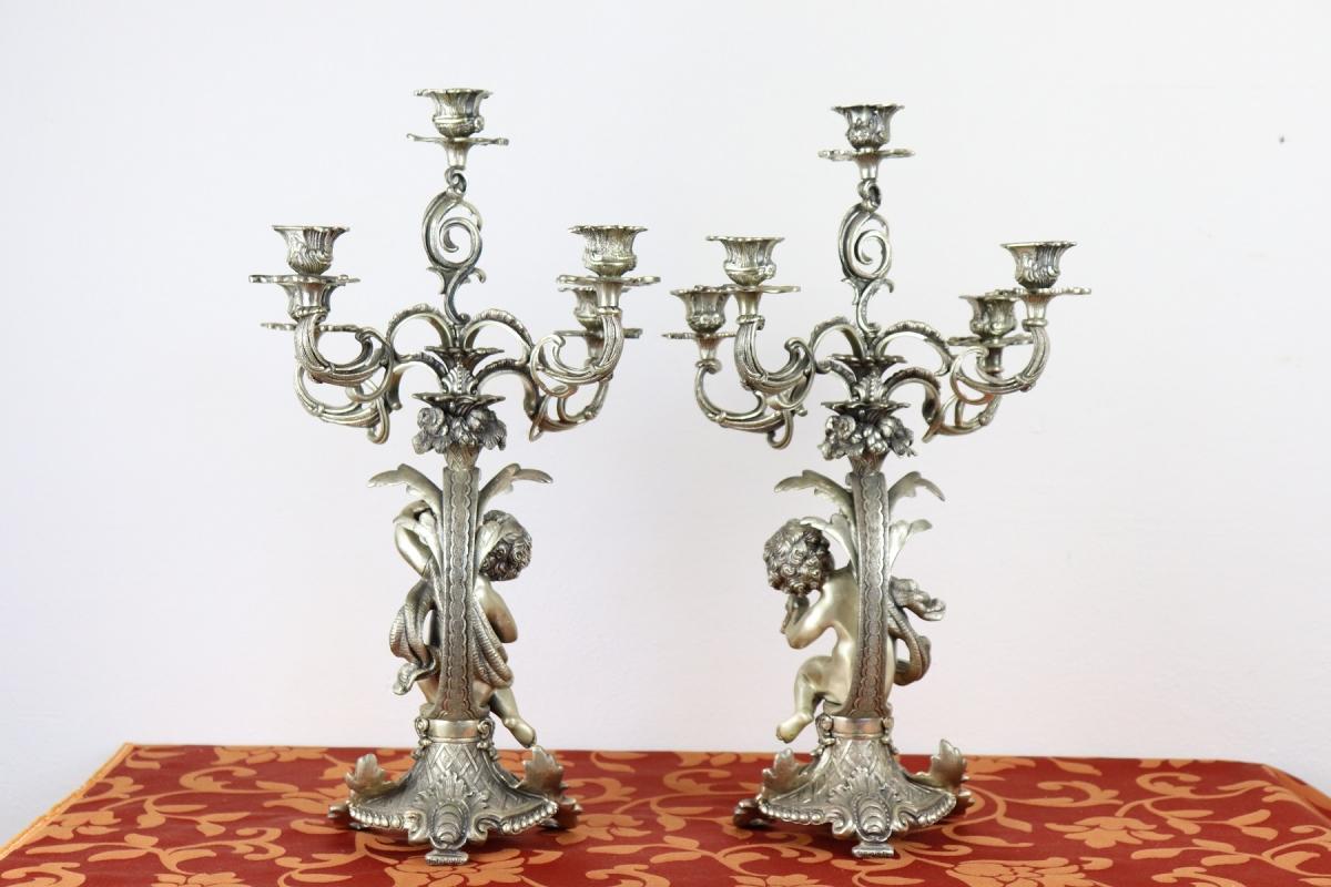 20th Century Italian Baroque Style 800 Silver Pair of Candelabras with Cherubs