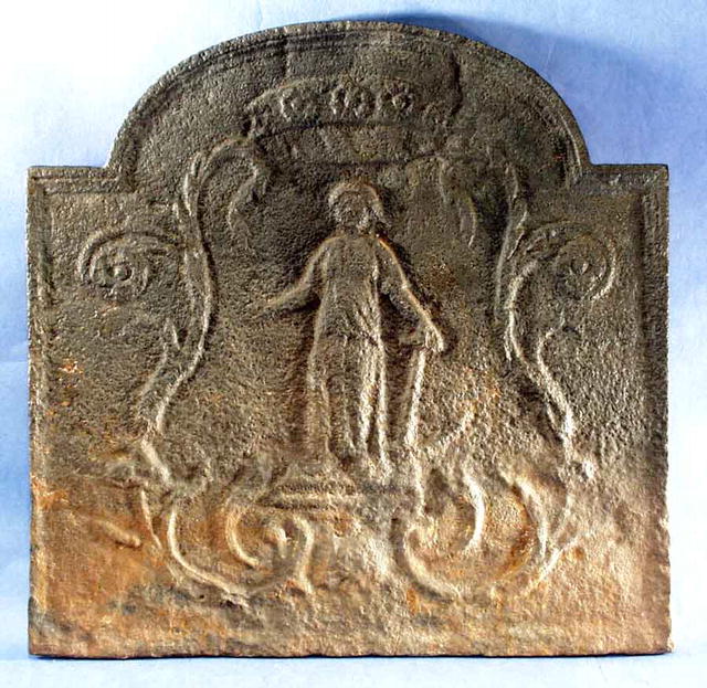 Fireback, Cast Iron, European, Lady with anchor, 18th C.