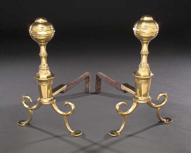 Andirons, Brass & Iron, Philadelphia, Ball top c.1810