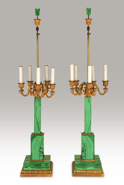 Lamps, A Pair, Malachite & Bronze, French c.1920