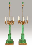 Lamps, A Pair, Malachite & Bronze, French c.1920