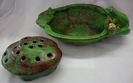 Weller Pottery Coppertone Flower Frog and Bowl