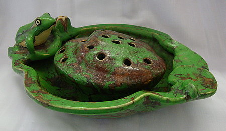 Weller Pottery Coppertone Flower Frog and Bowl