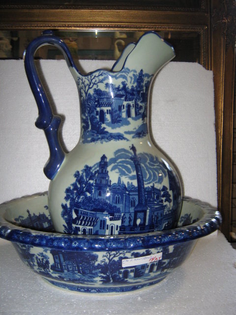 Large Flow blue Pitcher and bowl