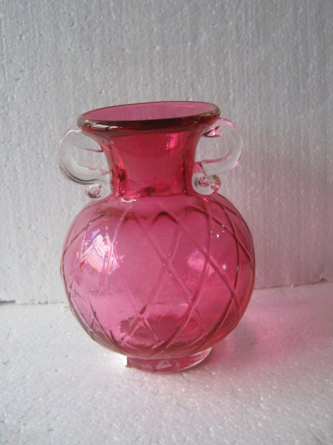 Cranberry Vase with clear handles