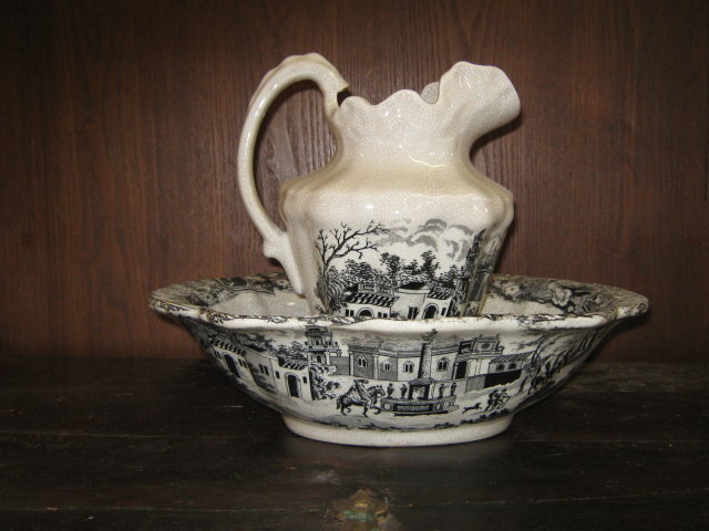 Black and WhiteTransferware Bowl and Pitcher Set