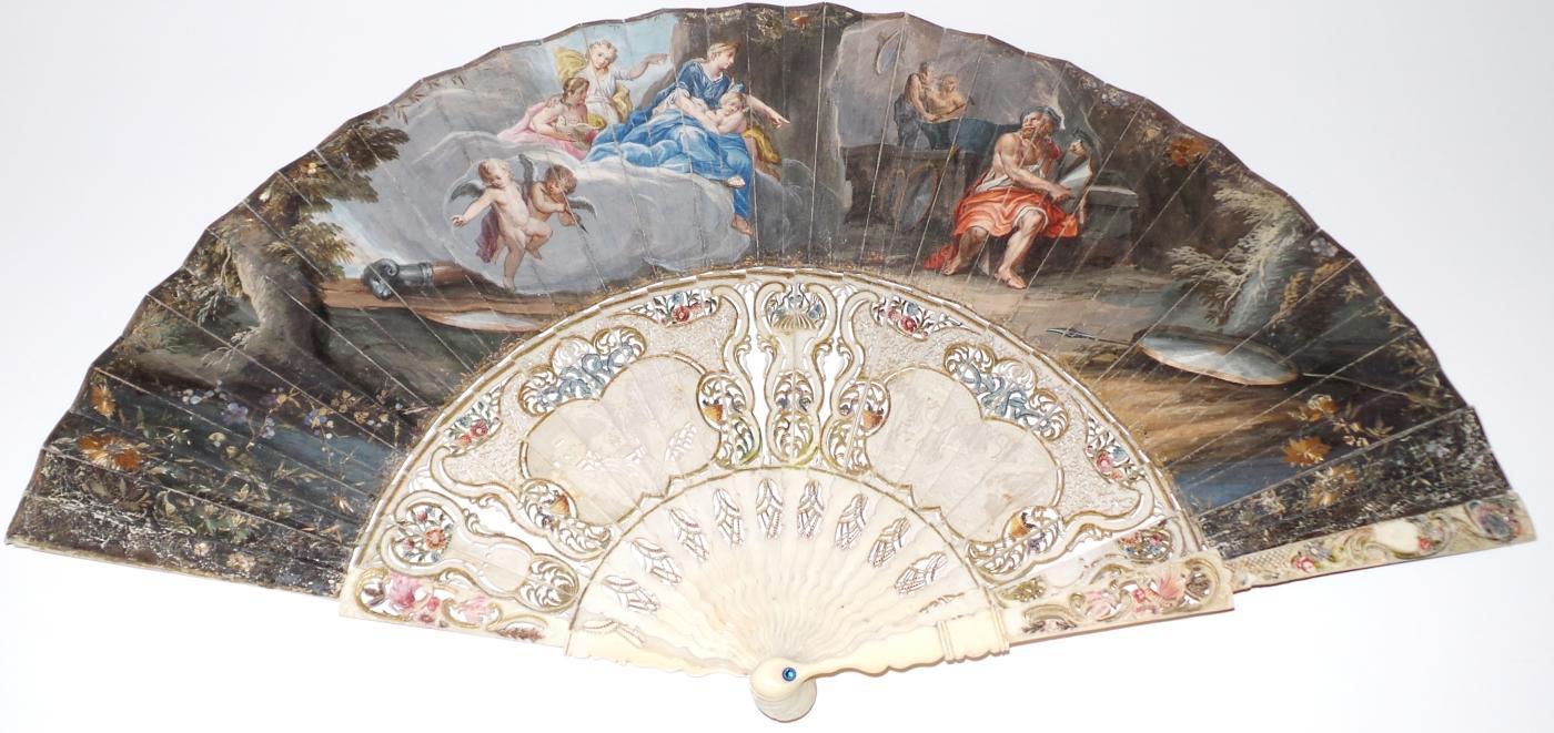 18th Cen Hand Painted Fan on Vellum with Ivory Sticks & Guard. Leather Box