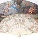18th Cen Hand Painted Fan on Vellum with Ivory Sticks & Guard. Leather Box