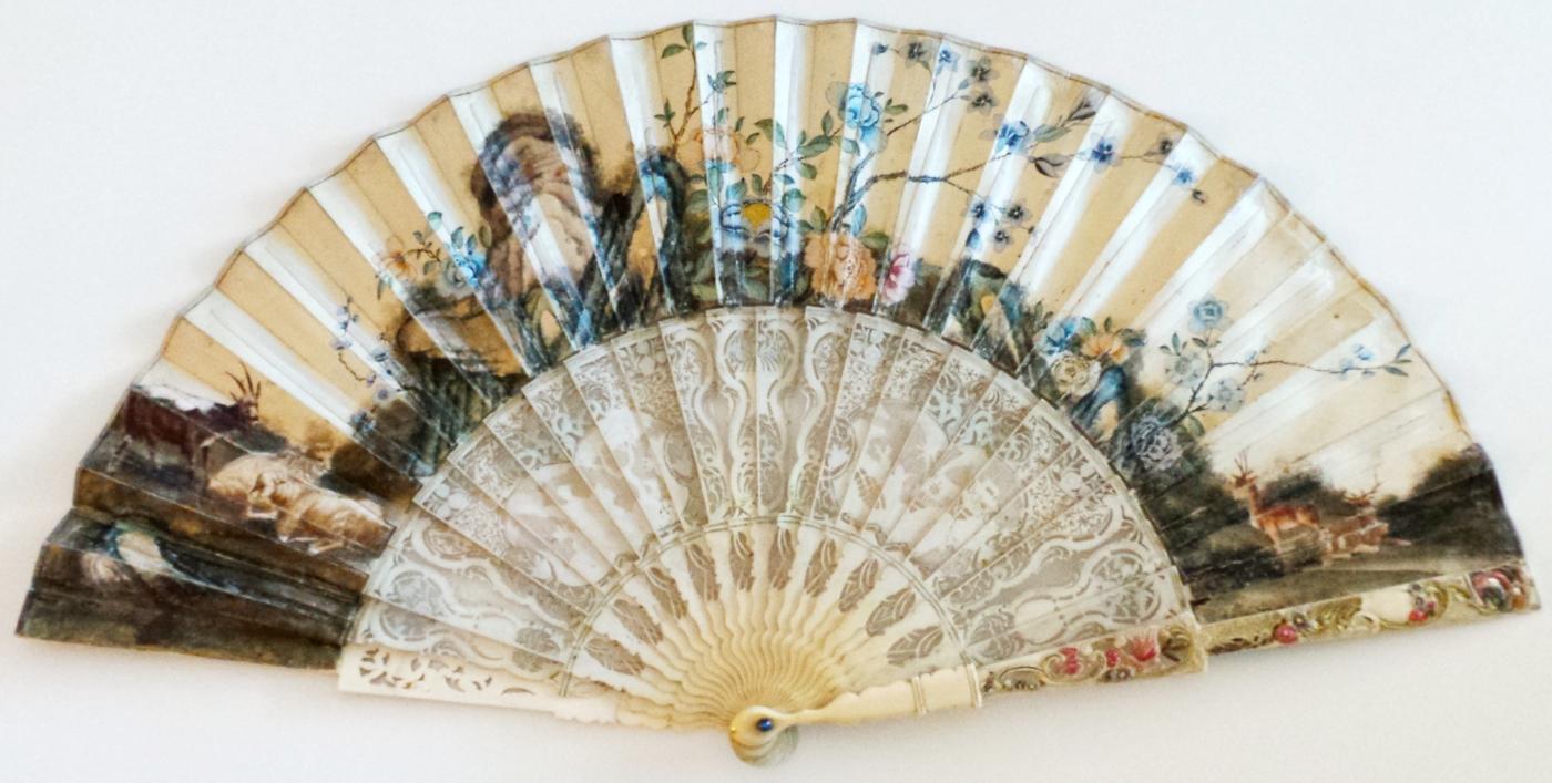 18th Cen Hand Painted Fan on Vellum with Ivory Sticks & Guard. Leather Box