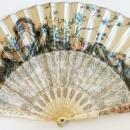 18th Cen Hand Painted Fan on Vellum with Ivory Sticks & Guard. Leather Box