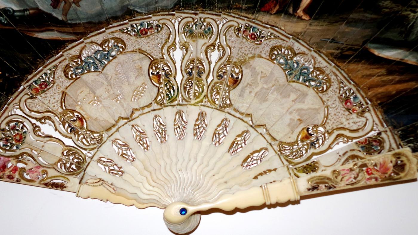 18th Cen Hand Painted Fan on Vellum with Ivory Sticks & Guard. Leather Box