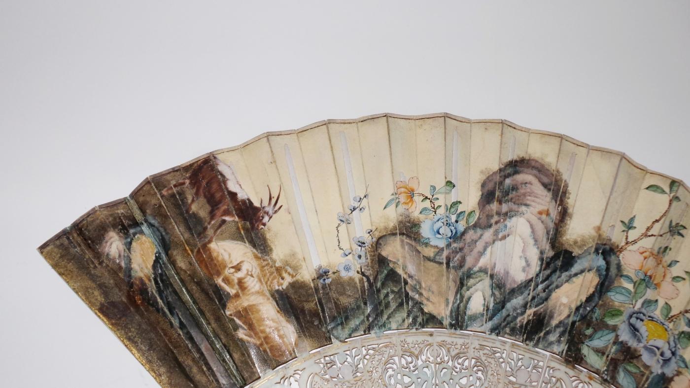 18th Cen Hand Painted Fan on Vellum with Ivory Sticks & Guard. Leather Box
