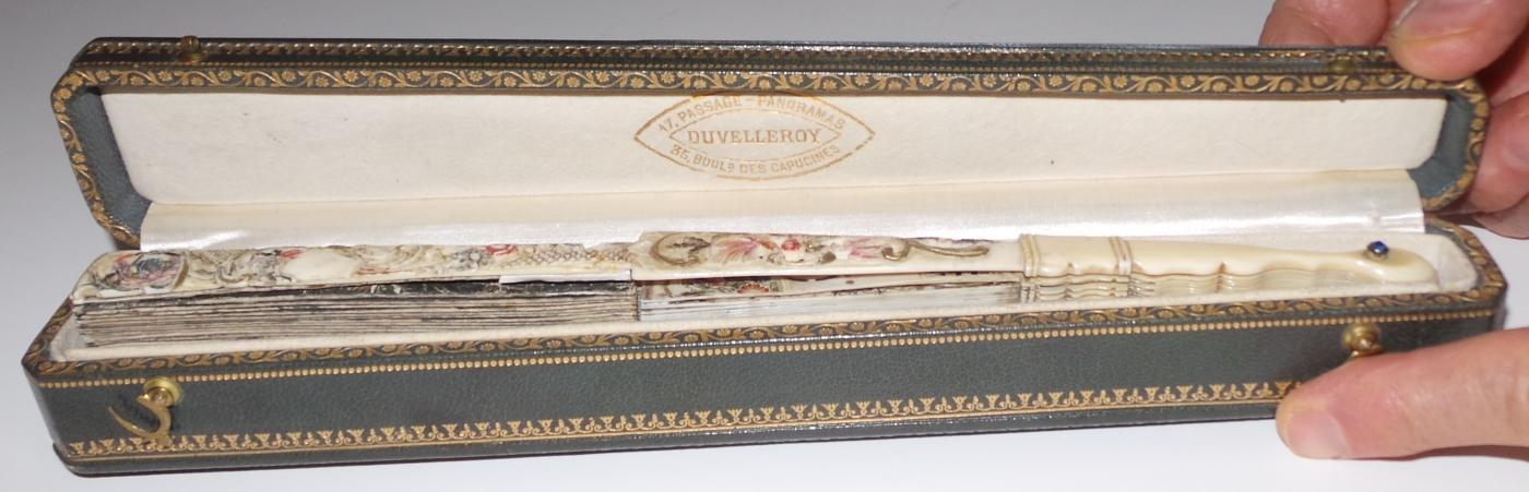 18th Cen Hand Painted Fan on Vellum with Ivory Sticks & Guard. Leather Box