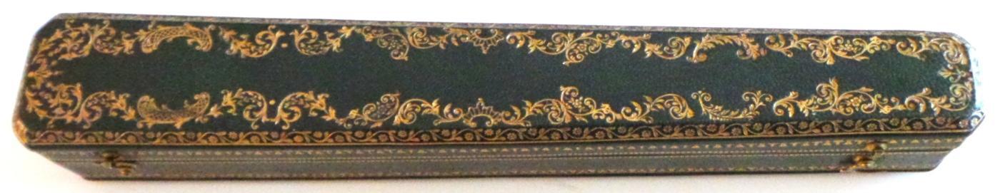 18th Cen Hand Painted Fan on Vellum with Ivory Sticks & Guard. Leather Box