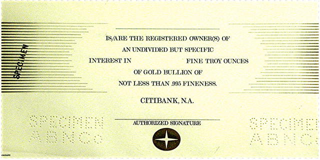 Citibank Gold Deposit Certificate * Rare Specimen