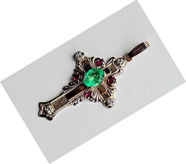 EMERALD HOLLY CROSS ICON. GOLD * DIAMOND.