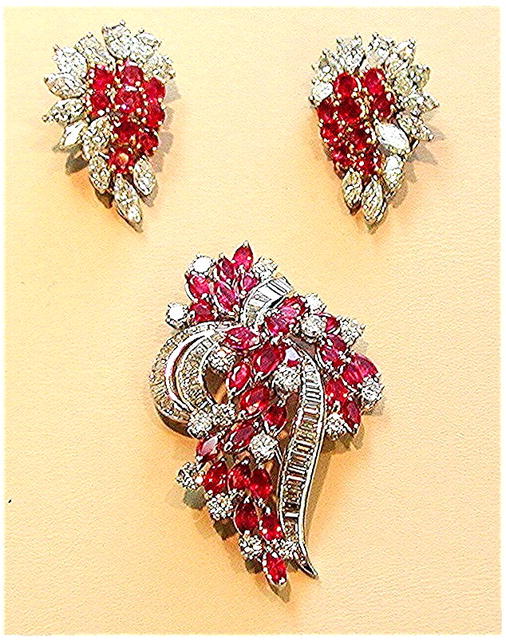 RUBY * DIAMOND BROOCH EARRING SET