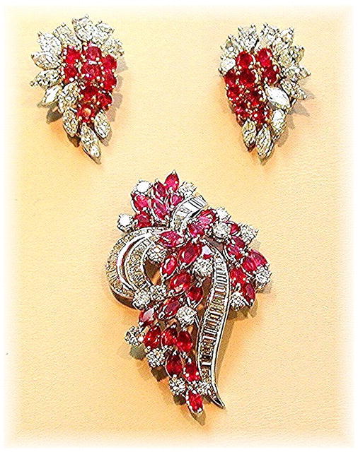 RUBY * DIAMOND BROOCH EARRING SET