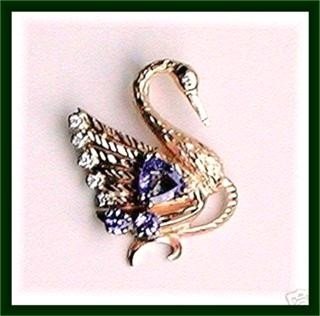 TANZANITE * Diamond JEWELED SWAN PENDANT. GOLD