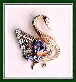 TANZANITE * Diamond JEWELED SWAN PENDANT. GOLD