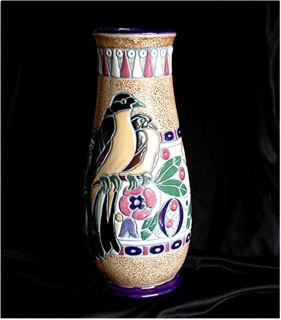 CZECH AMPHORA. Perched Birds Tall Vase * $ 490.
