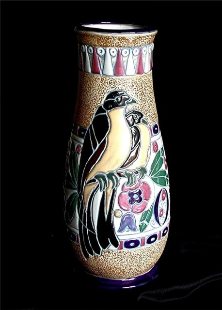 CZECH AMPHORA. Perched Birds Tall Vase * $ 490.
