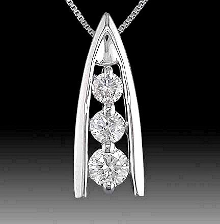 SHOWCASE 3 STONE CUSTOM DESIGN DIAMOND PENDANT Superior .25 Carats, 14k Solid White Gold with Necklace * Certified G.I.A.. Complete Boxed Set $ 390.