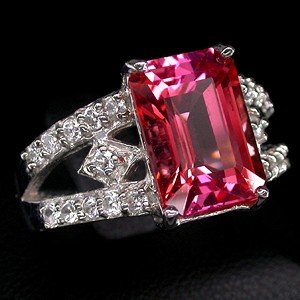 HOT PINK SAPPHIRE Large Emerald Cut w White Sapphires, Fashion Ring