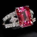 HOT PINK SAPPHIRE Large Emerald Cut w White Sapphires, Fashion Ring