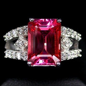 HOT PINK SAPPHIRE Large Emerald Cut w White Sapphires, Fashion Ring